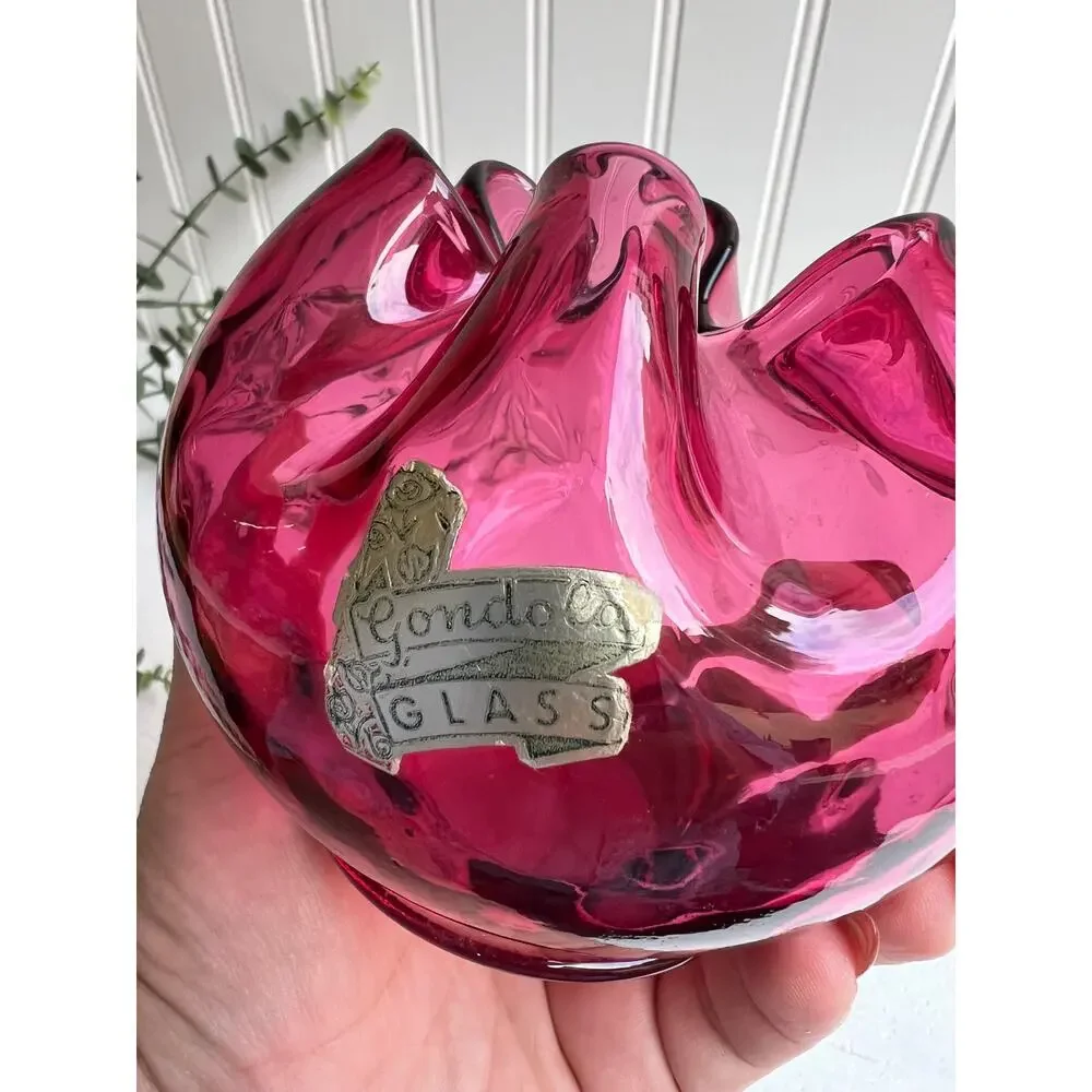 Vintage Cranberry Glass Rose Bowl with Crimped Edge | Optic Design
